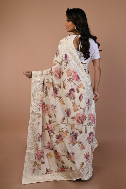 Satin Floral Printed Cream Saree
