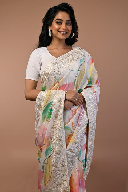 Satin Floral Printed White Saree
