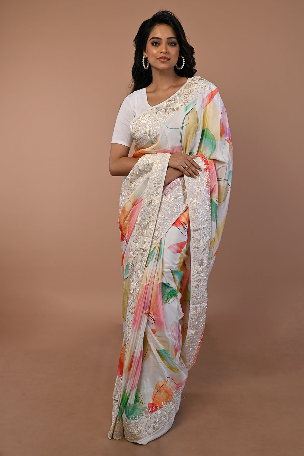 Satin Floral Printed White Saree
