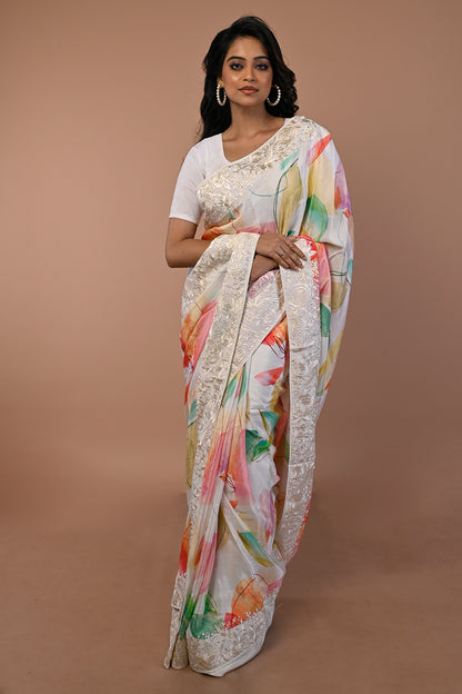 Satin Floral Printed White Saree