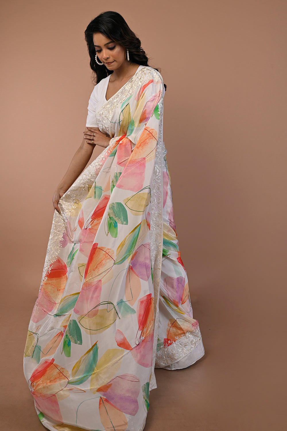 Satin Floral Printed White Saree