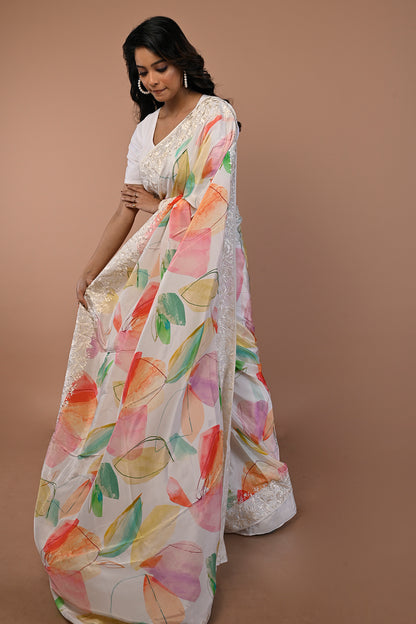 Satin Floral Printed White Saree