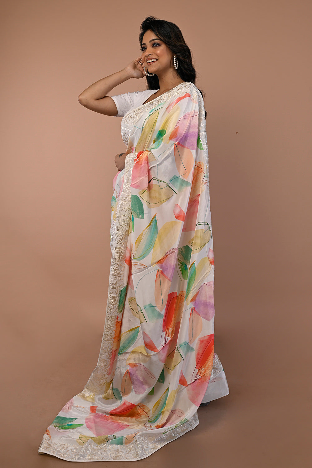 Satin Floral Printed White Saree