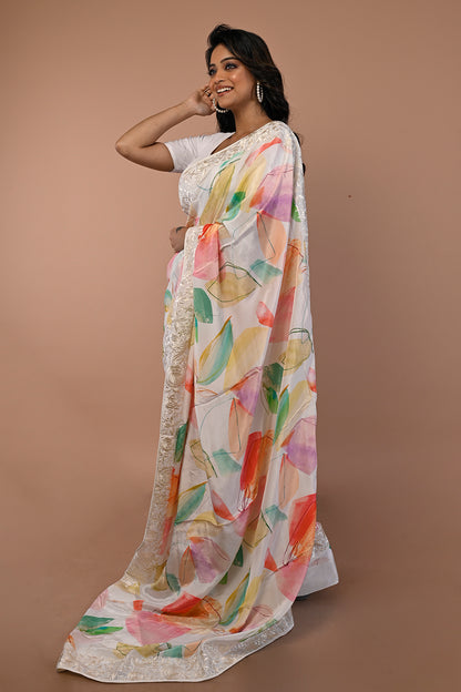 Satin Floral Printed White Saree