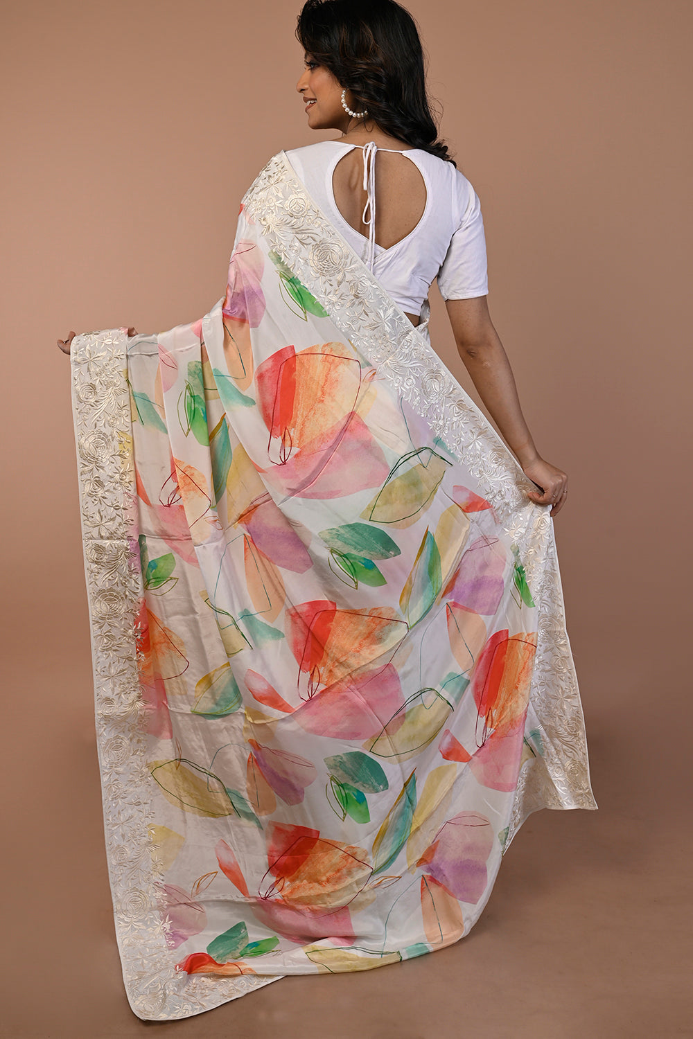 Satin Floral Printed White Saree