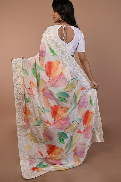 Satin Floral Printed White Saree