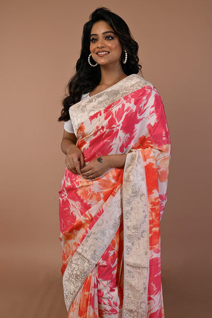 Satin Floral Printed Cream Saree
