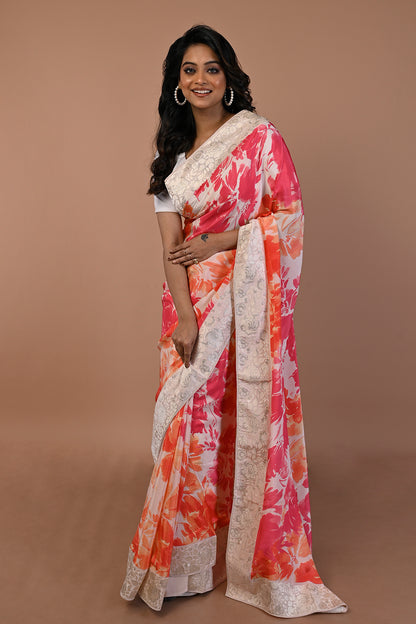 Satin Floral Printed Cream Saree