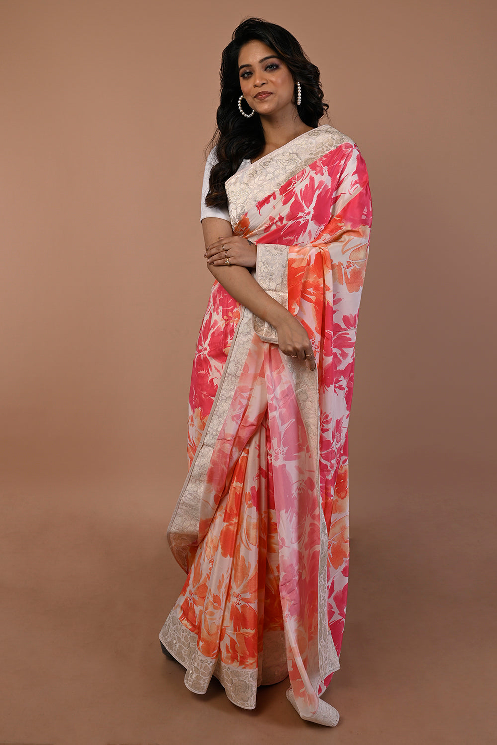 Satin Floral Printed Cream Saree