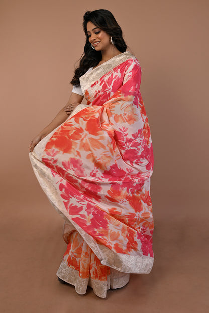 Satin Floral Printed Cream Saree