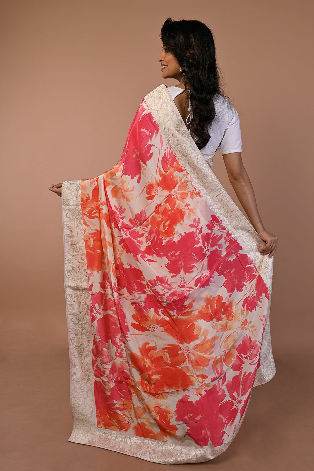 Satin Floral Printed Cream Saree