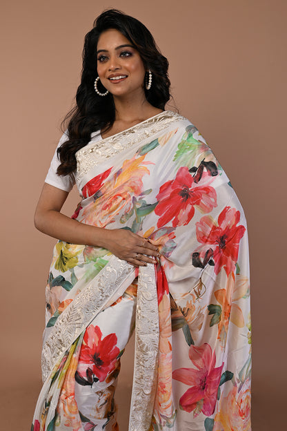 Satin Floral Printed White Saree