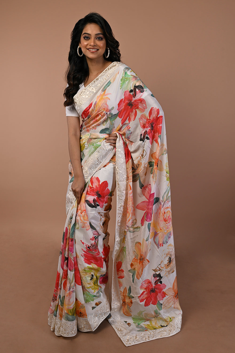 Satin Floral Printed White Saree