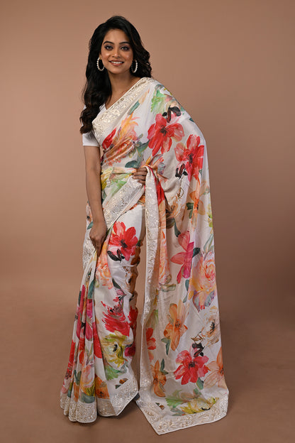 Satin Floral Printed White Saree