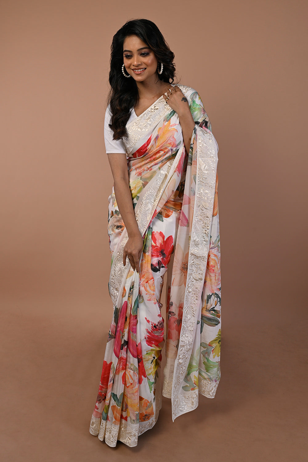Satin Floral Printed White Saree