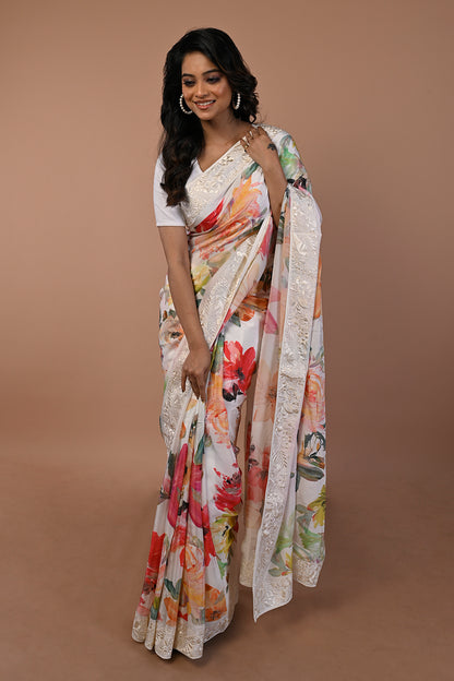 Satin Floral Printed White Saree