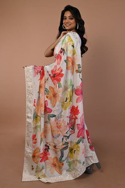 Satin Floral Printed White Saree