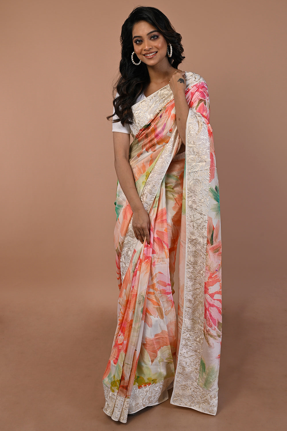 Satin Floral Printed White Saree