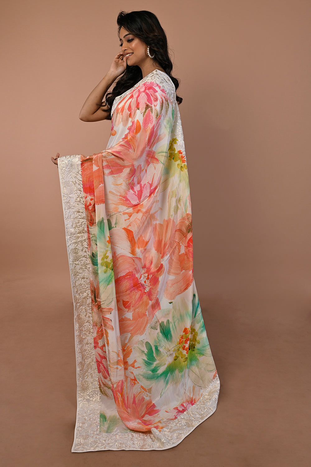 Satin Floral Printed White Saree