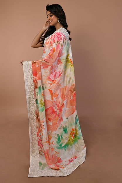Satin Floral Printed White Saree