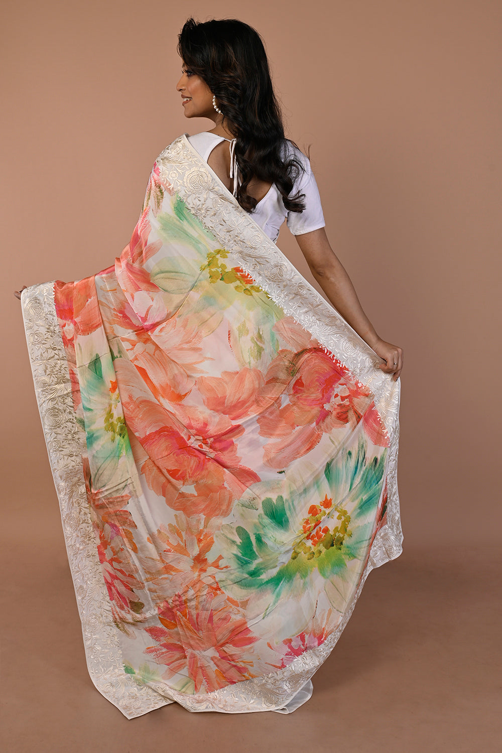 Satin Floral Printed White Saree