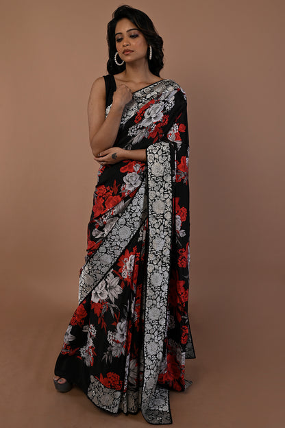 Satin Floral Printed Black Saree
