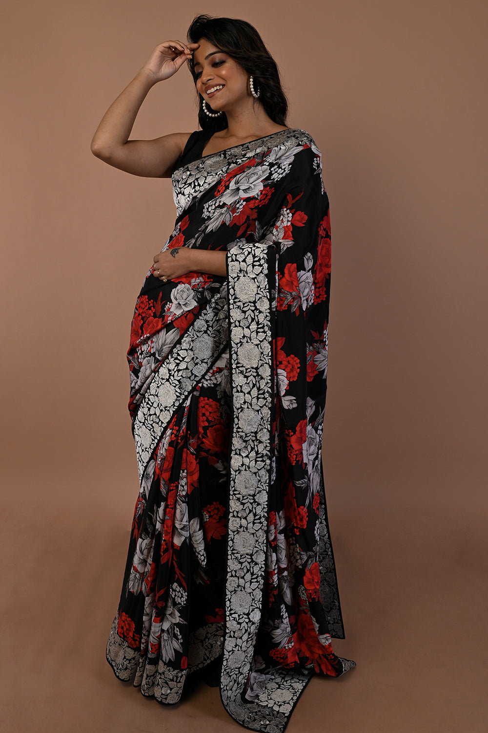 Satin Floral Printed Black Saree