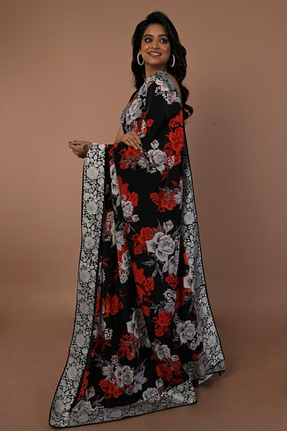 Satin Floral Printed Black Saree