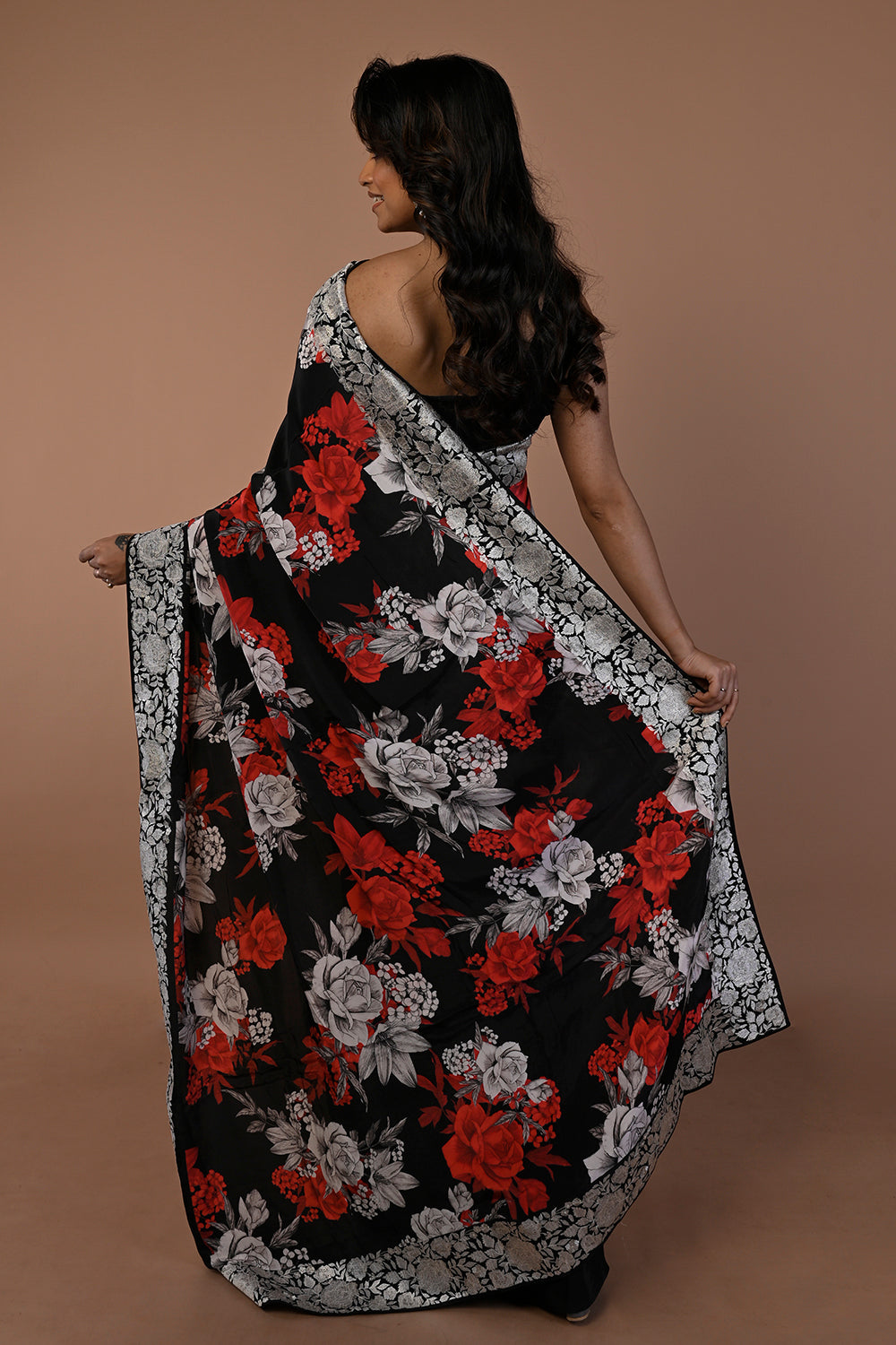 Satin Floral Printed Black Saree