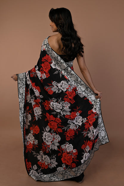 Satin Floral Printed Black Saree