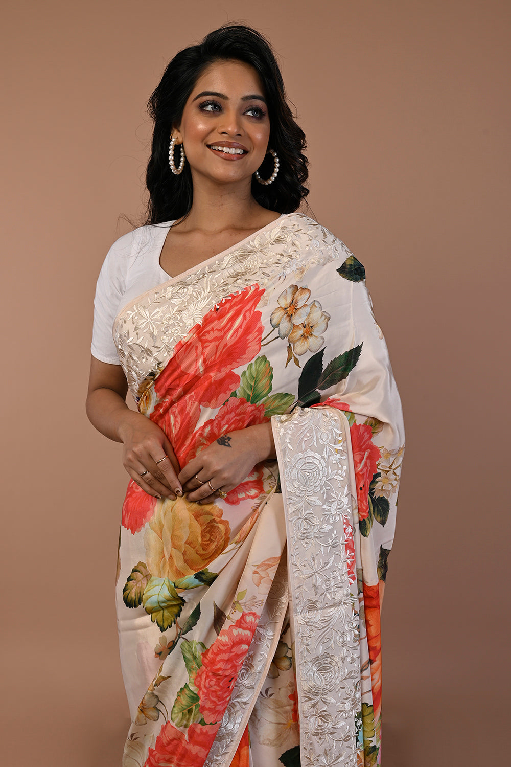 Satin Floral Printed Cream Saree