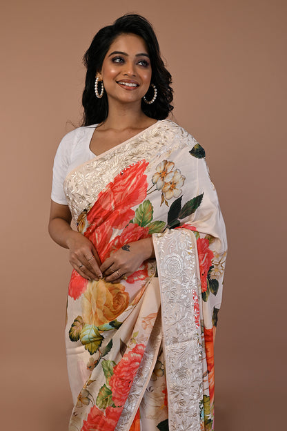 Satin Floral Printed Cream Saree