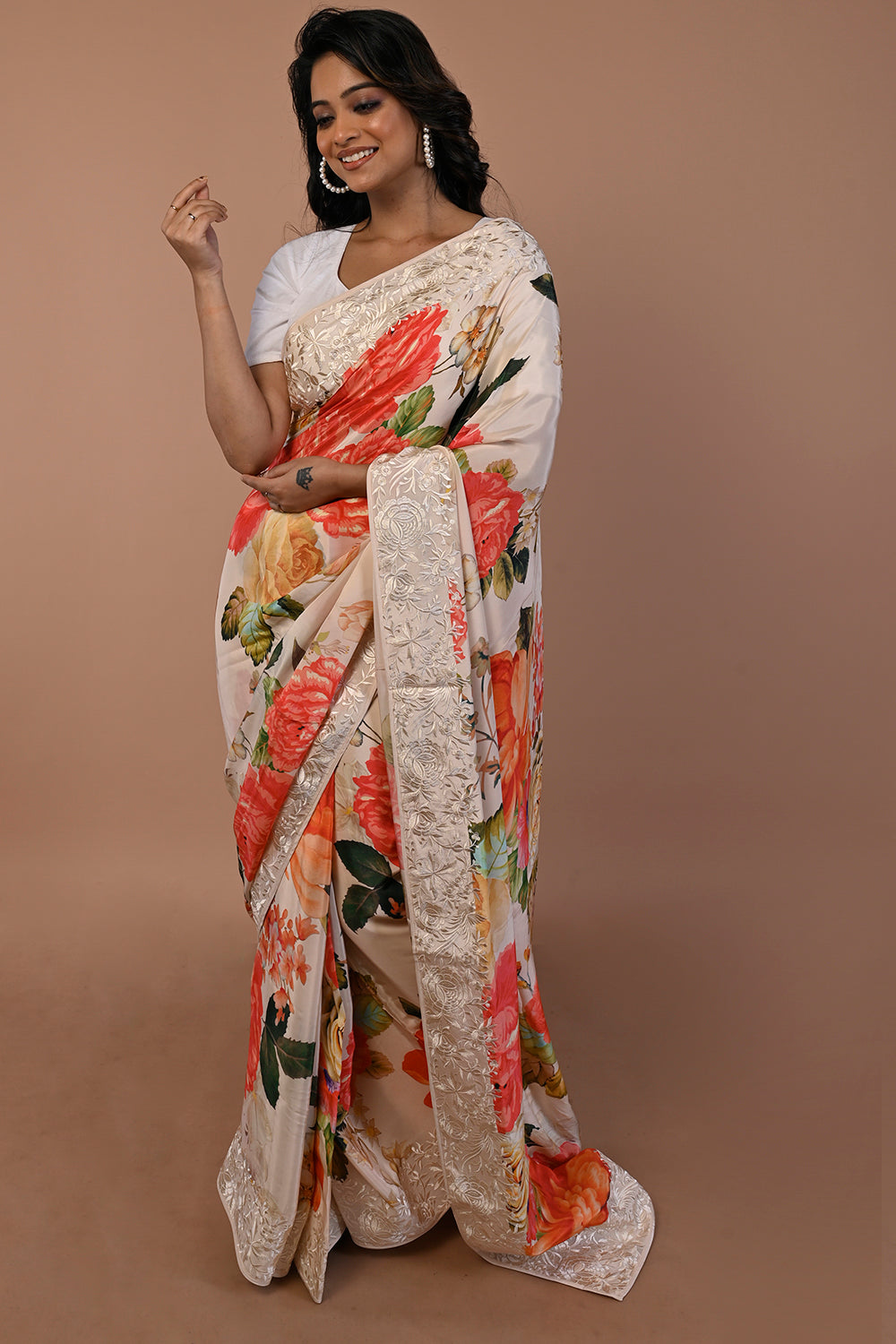Satin Floral Printed Cream Saree