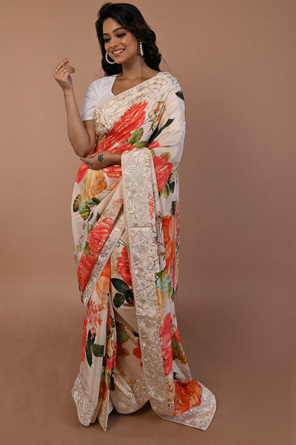 Satin Floral Printed Cream Saree