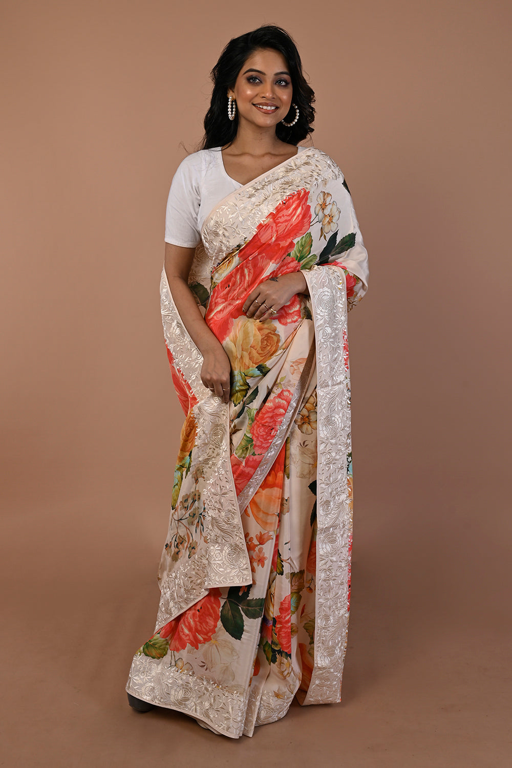 Satin Floral Printed Cream Saree