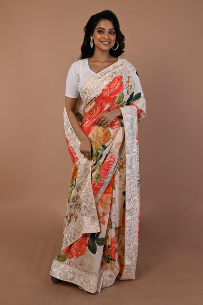 Satin Floral Printed Cream Saree