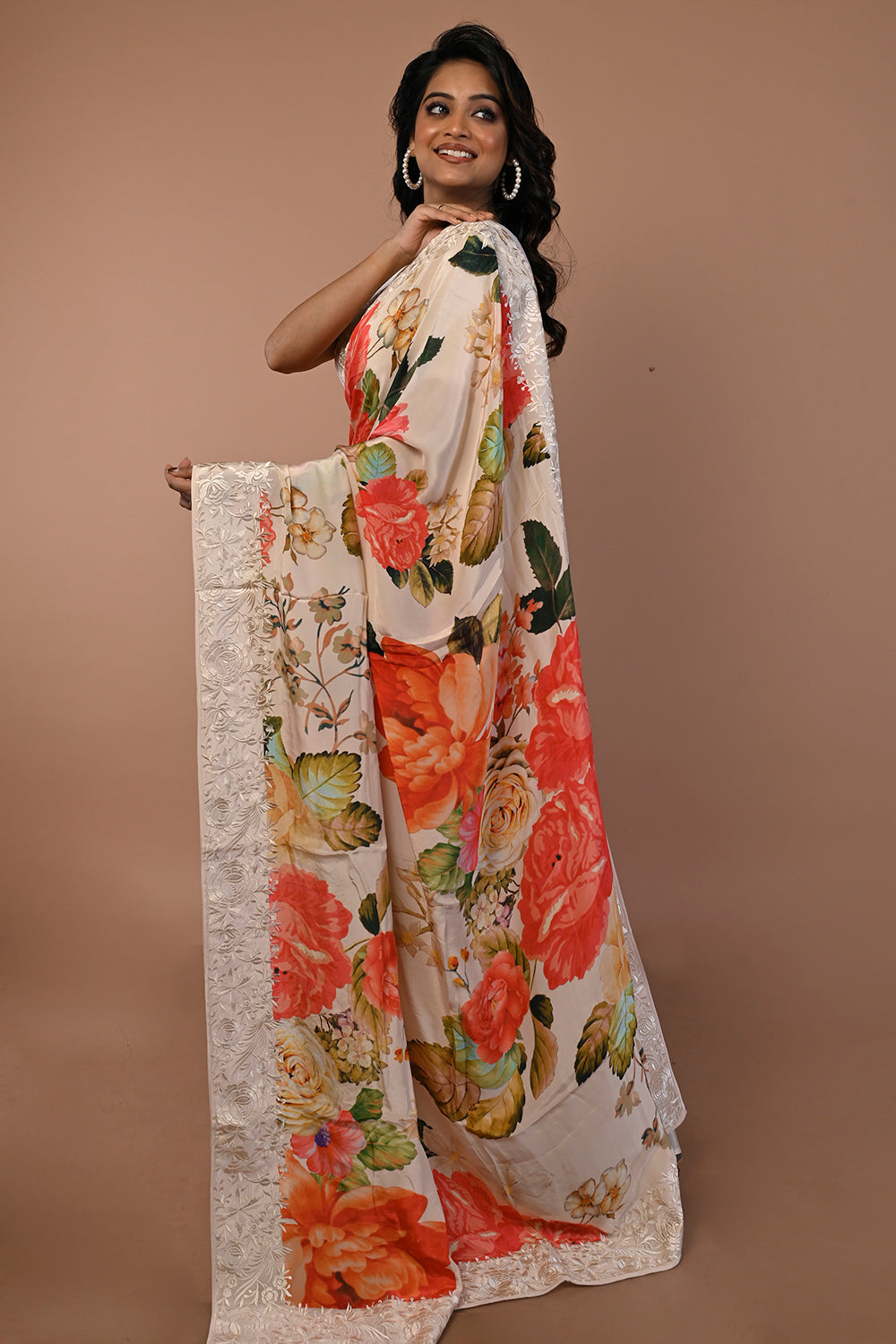 Satin Floral Printed Cream Saree