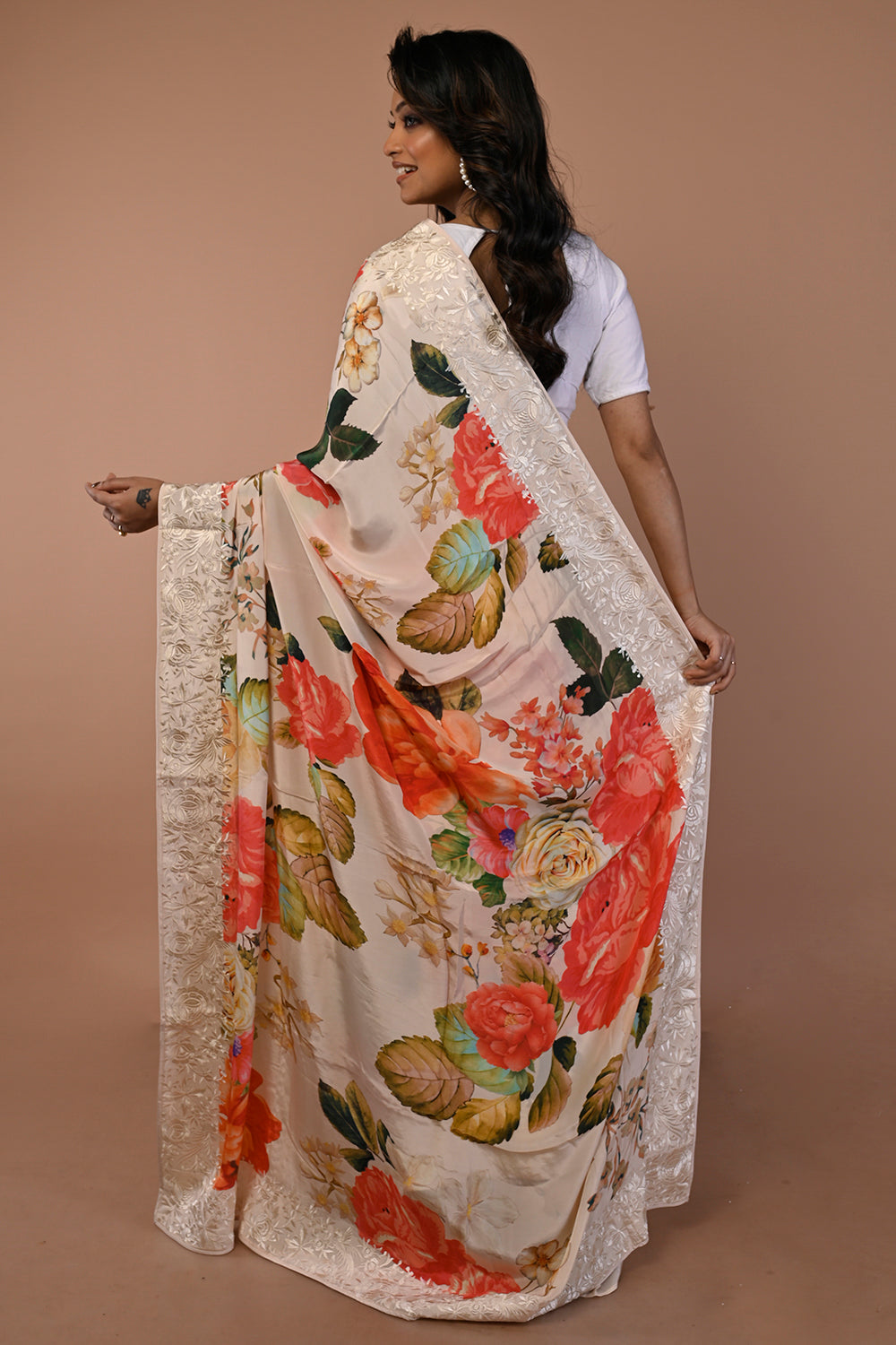 Satin Floral Printed Cream Saree
