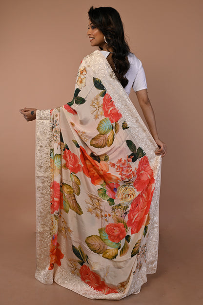 Satin Floral Printed Cream Saree