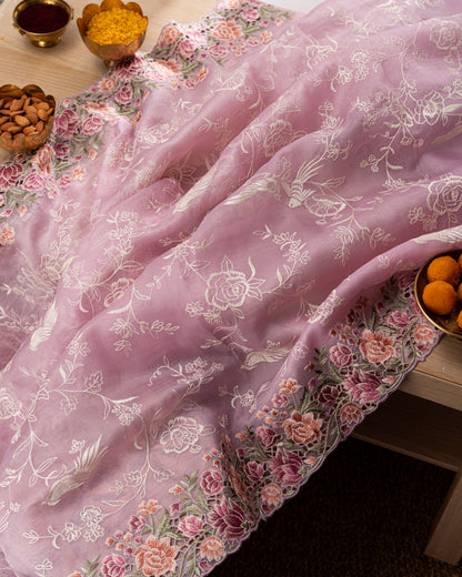 Organza Embroidery Pink Saree