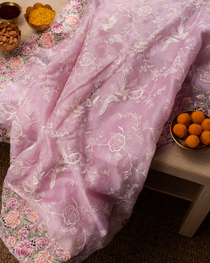 Organza Embroidery Pink Saree