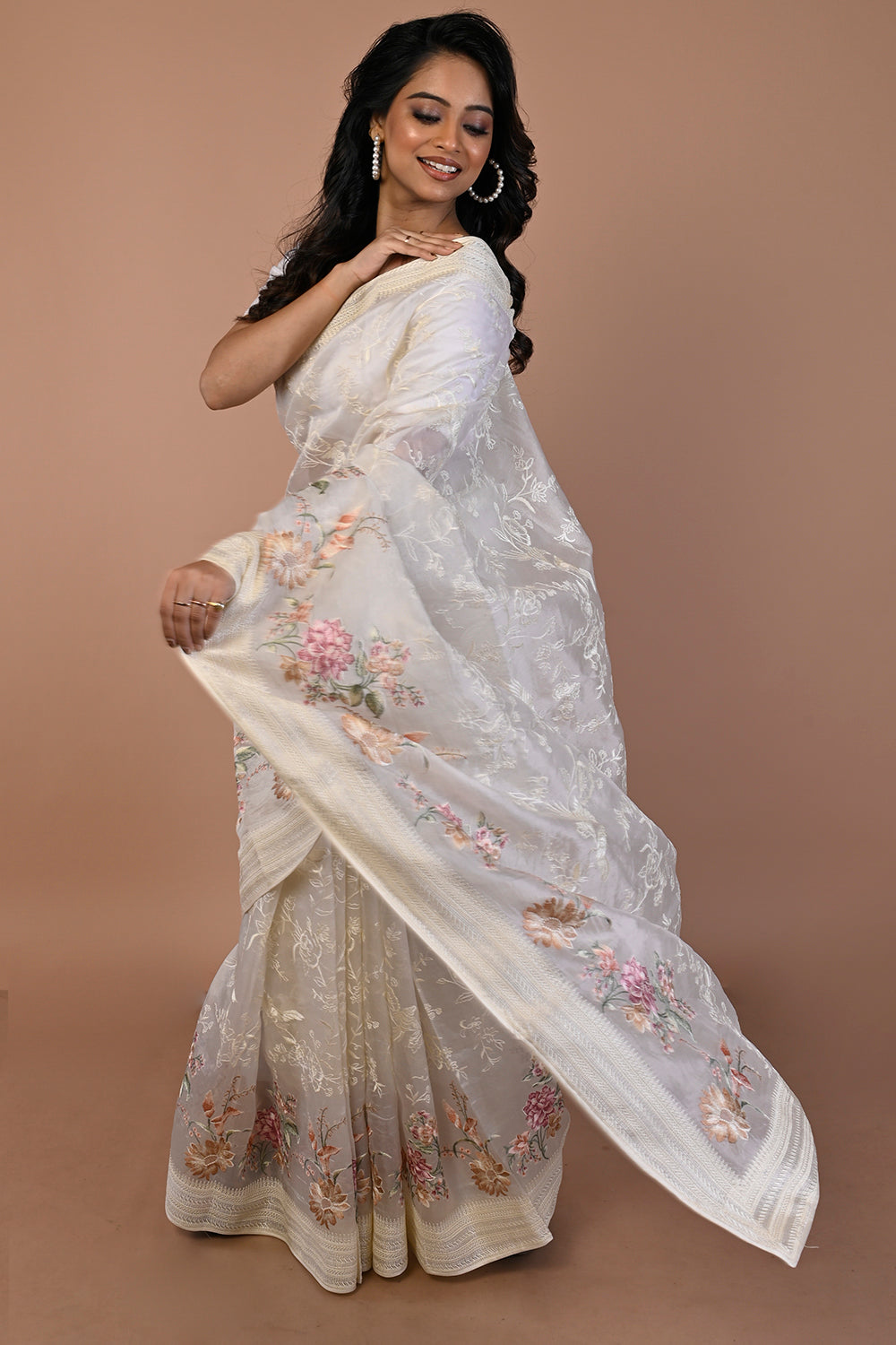 Organza Floral Embroidery Off White Saree