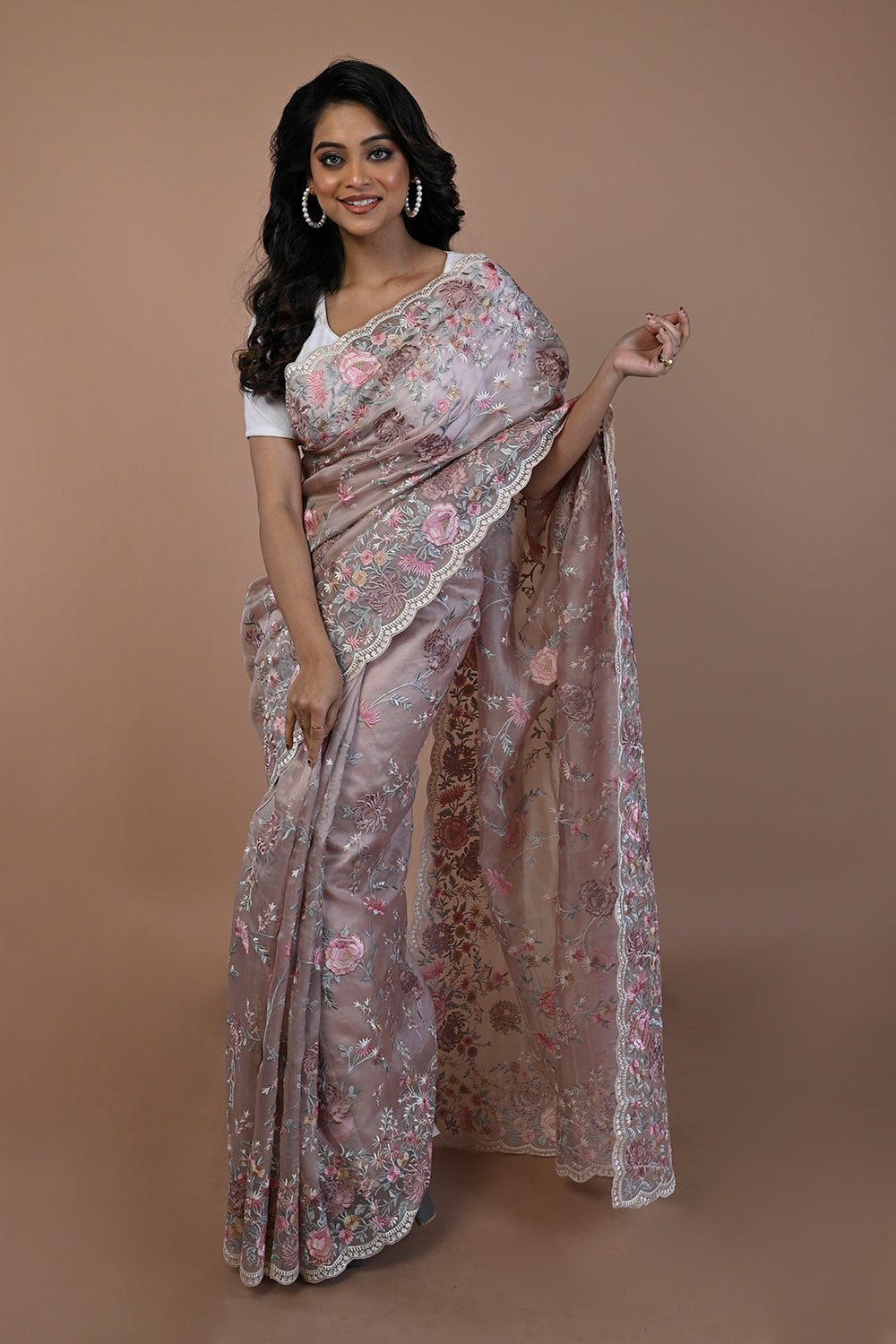 Organza Floral Embroidery Lilac Saree With Scallop Border