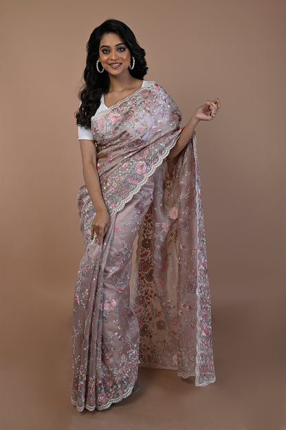 Organza Floral Embroidery Lilac Saree With Scallop Border
