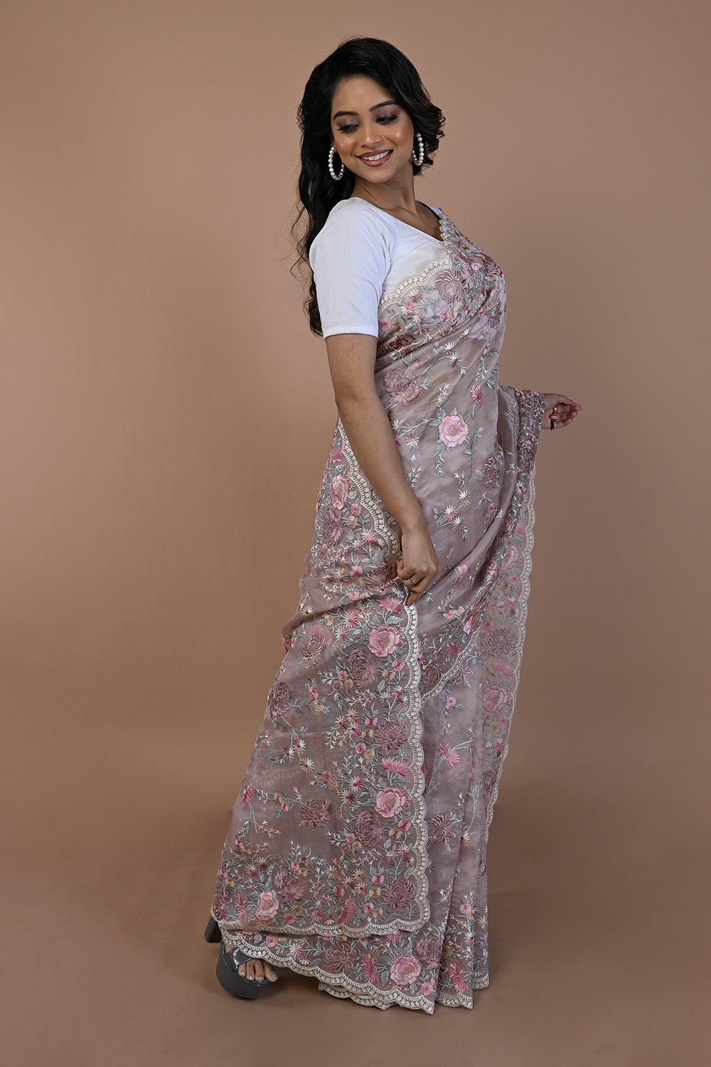 Organza Floral Embroidery Lilac Saree With Scallop Border
