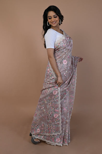 Organza Floral Embroidery Lilac Saree With Scallop Border