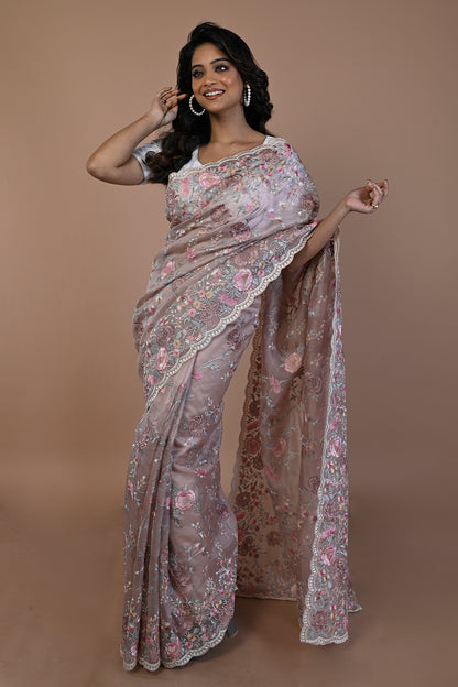 Organza Floral Embroidery Lilac Saree With Scallop Border