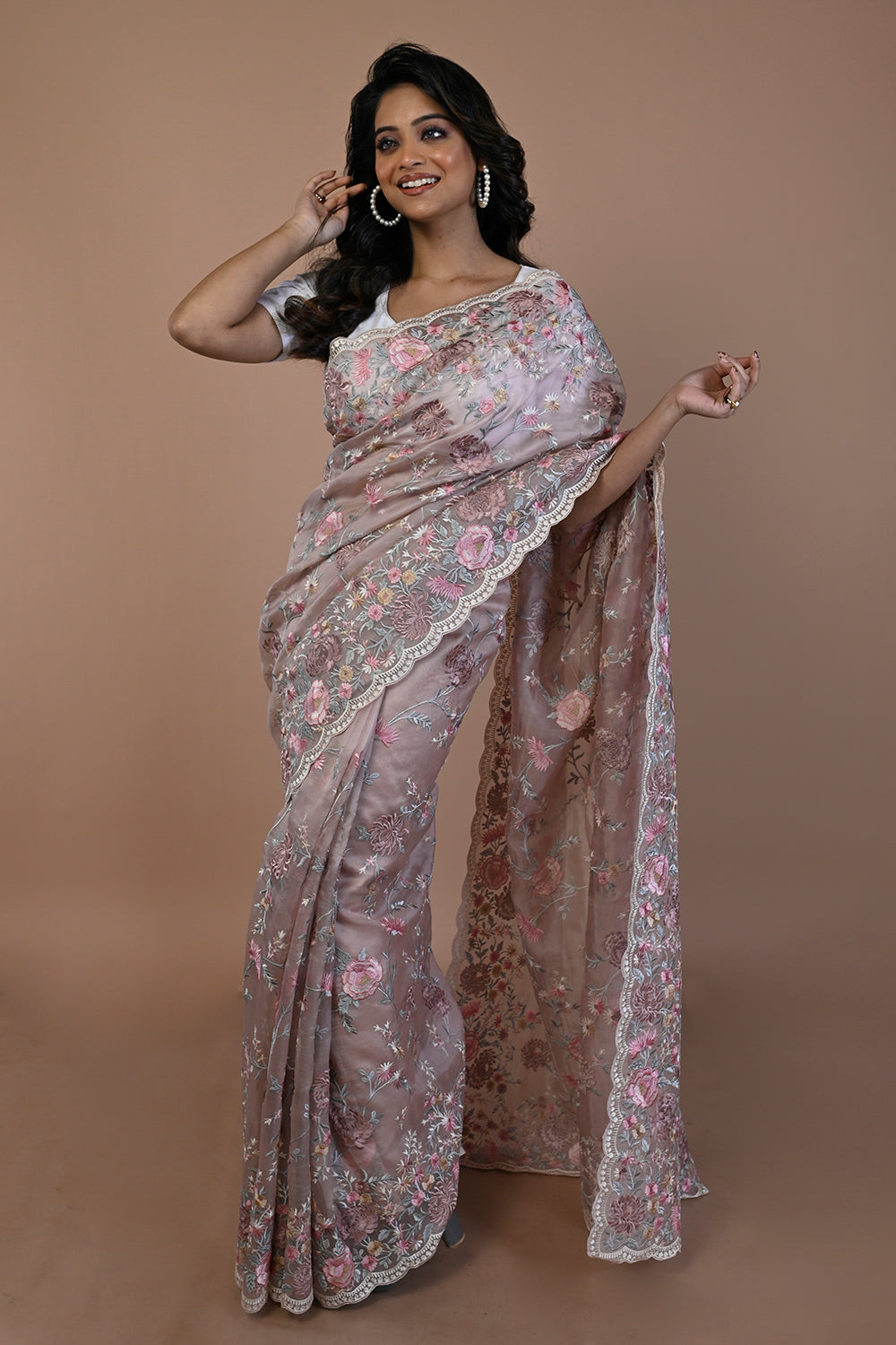 Organza Floral Embroidery Lilac Saree With Scallop Border