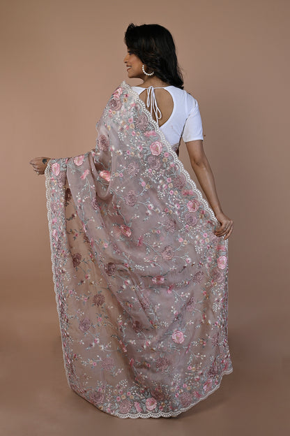 Organza Floral Embroidery Lilac Saree With Scallop Border