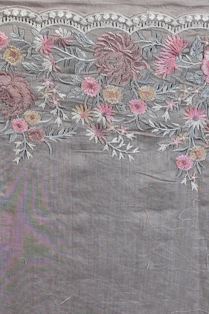 Organza Floral Embroidery Lilac Saree With Scallop Border